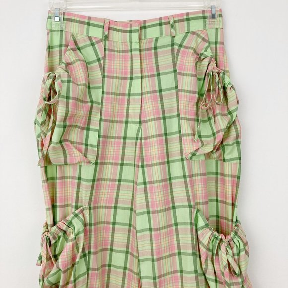 The Ragged Priest Symbol Plaid Cargo Pants Size S Hi-rise Green Pink 100% Cotton - Picture 3 of 9
